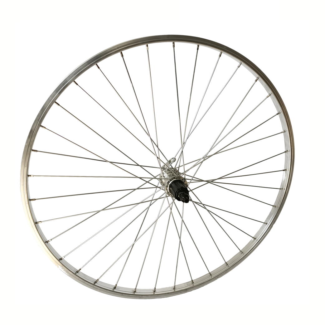 Achterwiel 28x1 5/8x1 3/8 aluminium velg zilver. uitval cassette naaf, 8/9/10 speed, spaak 14