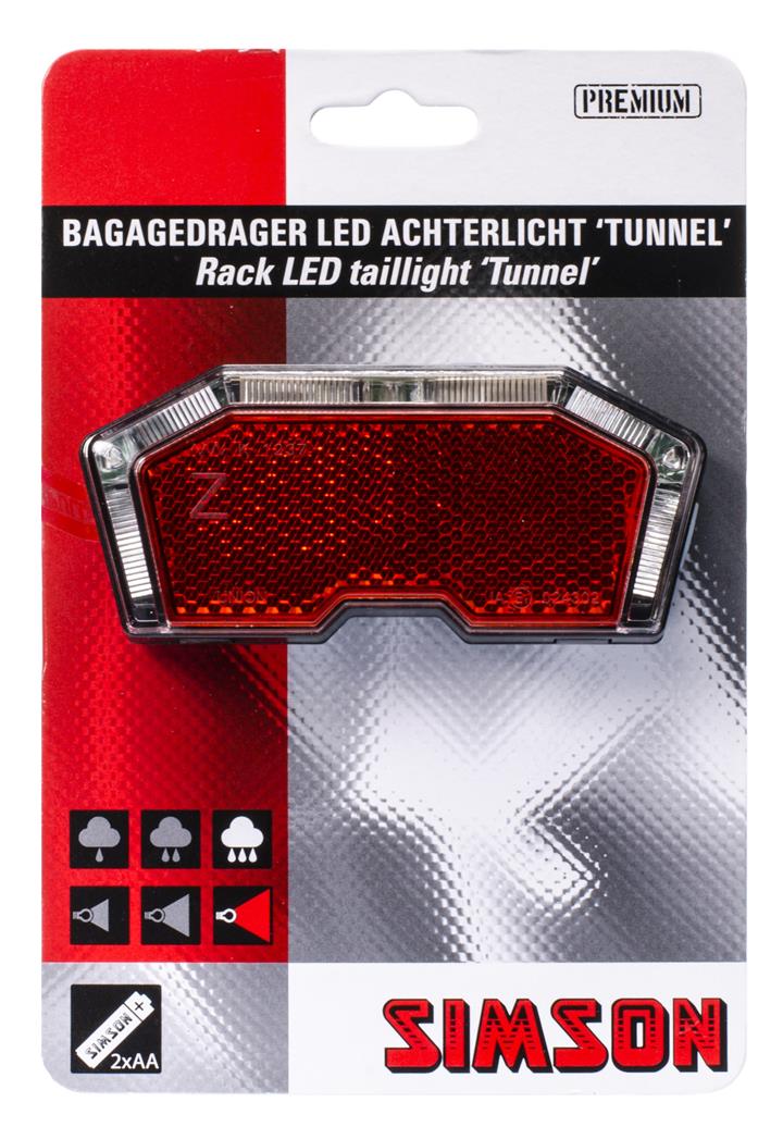 Simson Batterij Bagagedrager achterlicht ''Tunnel'' 3 LED, auto/on/off