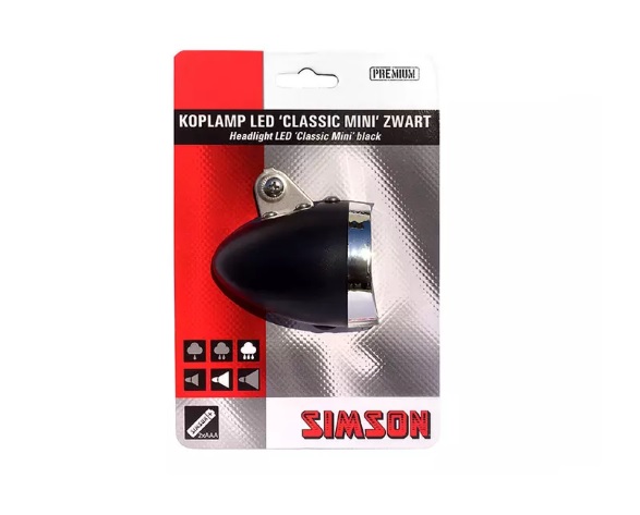Simson batterij voorvork koplamp''Classic Mini'' zwart,on/off